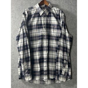 Barbour Flannel Plaid Shirt Mens Large Navy Blue Tailored Fit Stretch NWT